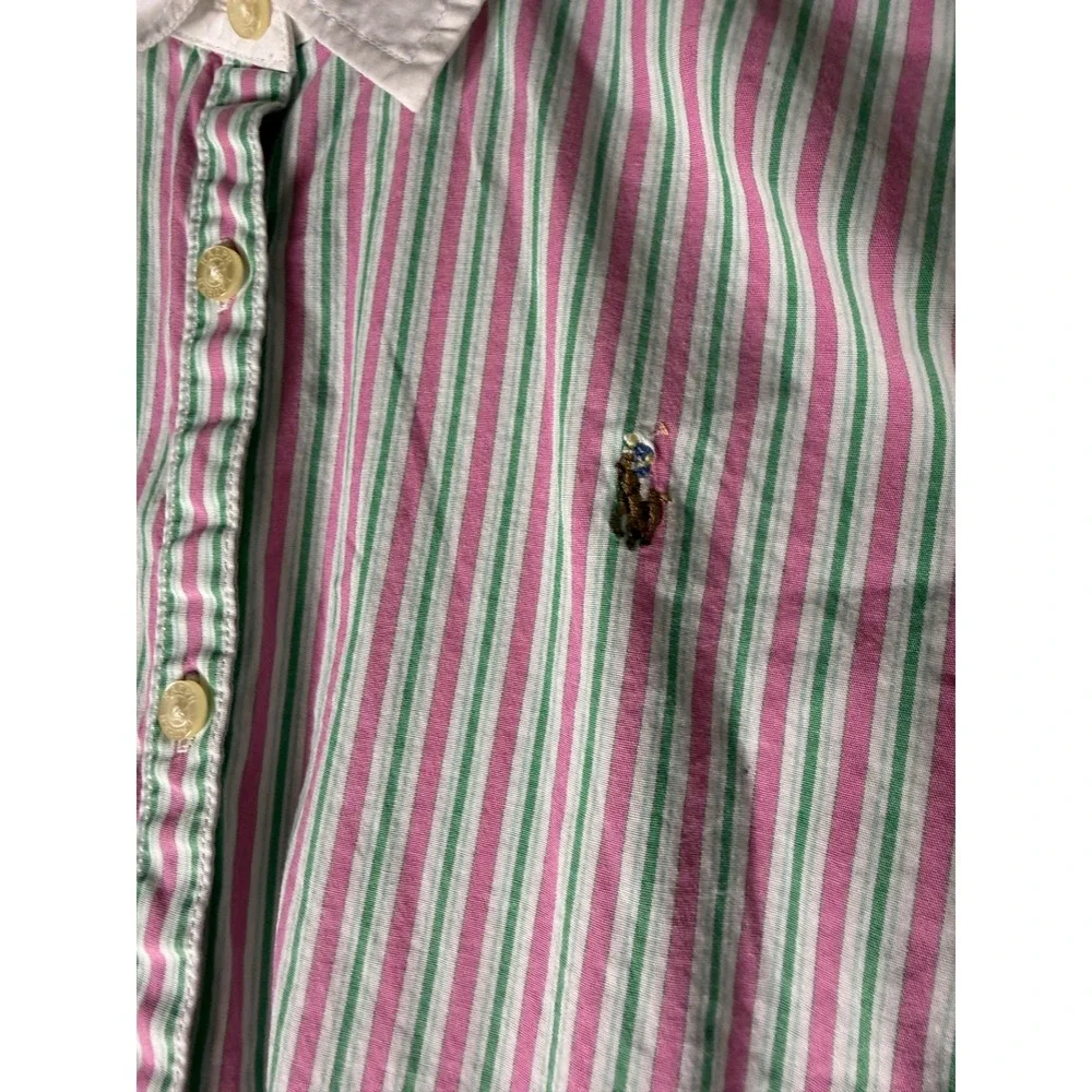 Ralph Lauren pink green stripe collar long sleeve button down girls L